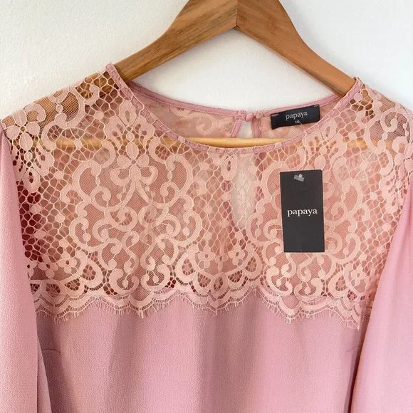 Papaya Women's Dusty Pink With Lace Detailing Long Sleeve Blouse Top Size UK 16 - Picture 3 of 12
